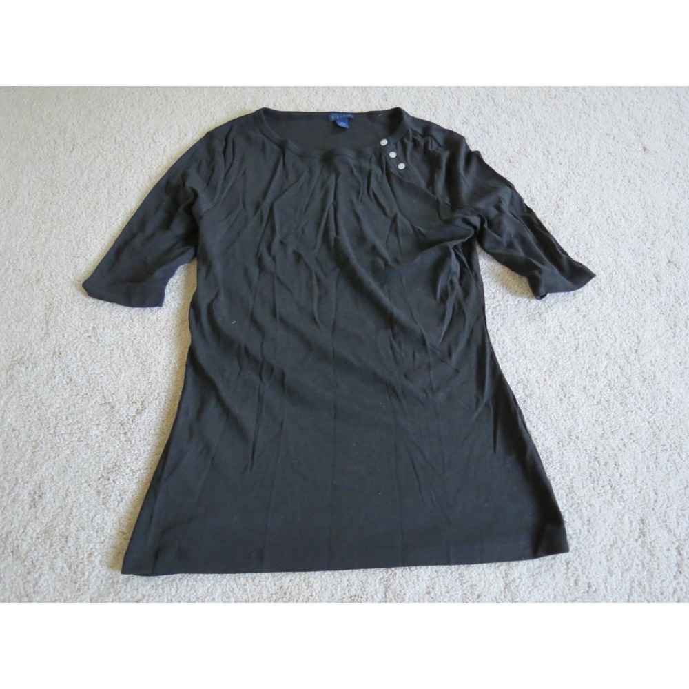 Lilla P Women Black Cotton Button Shoulder Preppy Tee Shirt Blouse XL